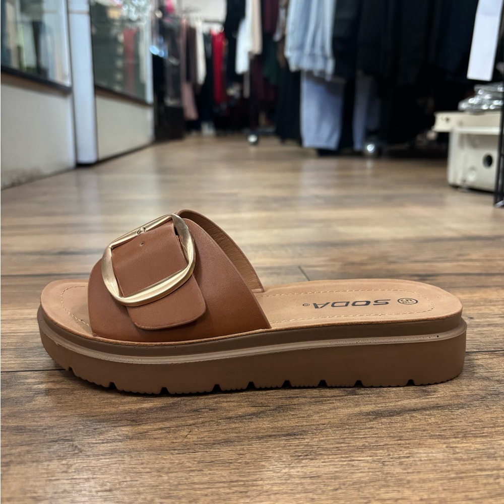 Soda Brown Sandals with Metallic Buckle